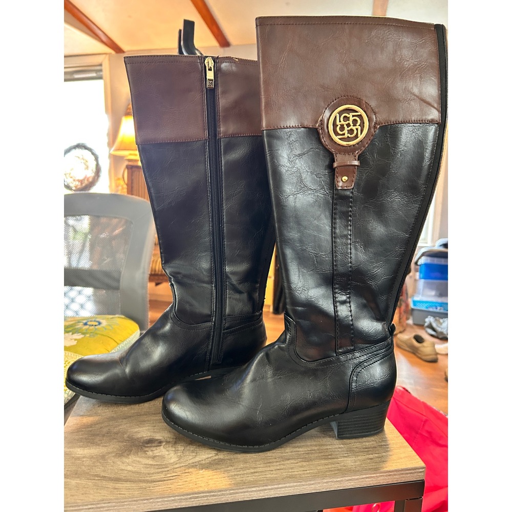 Liz Claiborne Women's Black Brown Tall Riding Boots‎ Knee High Fashion Size 8.5